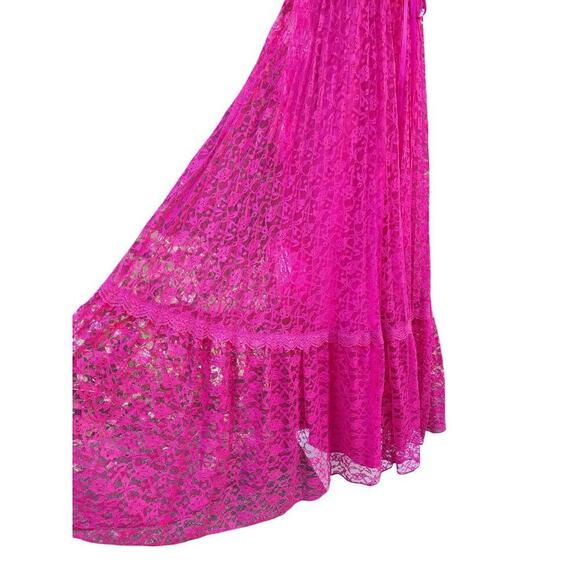 Vtg 60s 70s Union Made Barbie Hot Pink Empire Waist Lace Strappy Maxi Dress Sz S - Picture 6 of 8